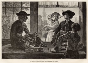 Un sarto e il suo apprendista, che lavorano sul bordo della finestra per godere della luce e dello spettacolo dei passanti della strada, a Rilland (South Beveland), incisione dal disegno di Adolf Dillens, che illustra un viaggio a Zelanda (Paesi Bassi), i da Adolf Alexander Dillens