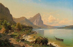 Parte del lago Mondsee presso Scharfling con vista sulla Drachenwand da Adolf Chwala