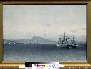 Guerra russo-turca del 1877-1878: "La città di Theodosia in Crimea bombardata dalla flotta turca nel 1878" Dipinto di Adolf Fessler (1826-1885)