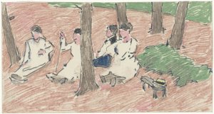 Gruppo di persone sedute sotto gli alberi da Adolf le Comte
