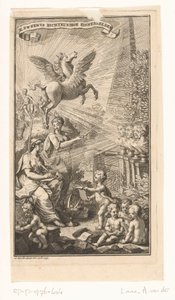 Rappresentazione allegorica con donna che scrive, busti, Pegaso e Apollo