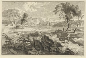 Paesaggio arcadico con rocce e fiume da Adolf van der Laan