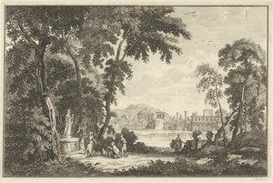 Paesaggio fluviale arcadico con figure che adorano una statua
Paesaggi italiani e tedeschi (titolo della serie) da Adolf van der Laan