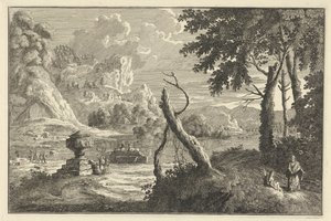 Paesaggio fluviale arcadico con albero spezzato da Adolf van der Laan
