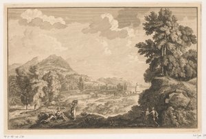 Paesaggio fluviale arcadico con pastori e donna con un cesto di biancheria da Adolf van der Laan