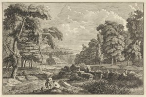 Paesaggio fluviale arcadico con cinque donne al bagno e un cervo da Adolf van der Laan