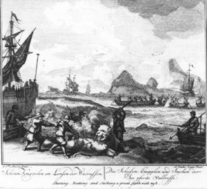 «Sparare, colpire con bastoni e trafiggere con lance i trichechi» (n. 9 della serie sulla caccia alle balene) da Adolf van der Laan