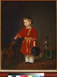Ritratto di un bambino in abito rosso con giocattoli militari da Adolph Gebens
