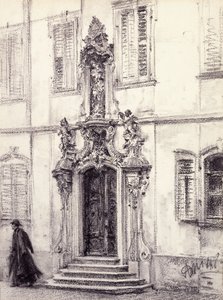 Un uomo che scende la scala di un edificio decorato con un portale barocco da Adolph Menzel