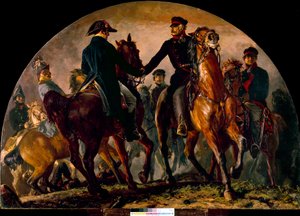 Incontro di Gebhard Leberecht von Blucher e Arthur Wellesley Wellington alla Battaglia di La Belle Alliance (1815) da Adolph Menzel