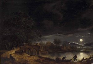 Tedesco: Luna piena su un villaggio sul fiume con un ponte e persone che si muovono in bicicletta da Adolph Friedrich Vollmer