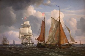 Navi che navigano e battono contro il vento nel Sound da Adolph Friedrich Vollmer