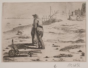 Paesaggio costiero con pescatore in piedi