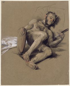 Studio di nudo, uomo barbuto disteso a terra sul lato sinistro con spada e scudo in mano, studio realizzato in occasione della maggiore età del principe ereditario nel 1850 da Adolph Menzel