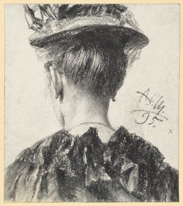 Busto di una donna con il cappello, visto di spalle da Adolph Menzel