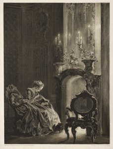 Saggio su pietra con pennello e raschietto: Donna che legge accanto al caminetto, 1851 da Adolph Menzel
