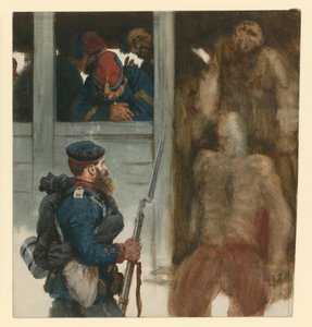 Convoglio di prigionieri francesi su vagoni ferroviari, in primo piano un fante prussiano, scena della guerra del 1870 da Adolph Menzel