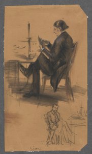 Un uomo con le carte in mano, seduto a un tavolo da gioco (in alto); un uomo seduto a un tavolo che accarezza un cane (in basso) da Adolph Menzel