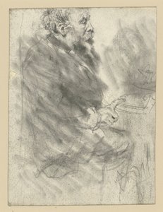 Uomo seduto con la barba, rivolto verso destra, con l’indice della mano destra teso appoggiato sul piano del tavolo da Adolph Menzel