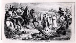 San Lupo che difende la città di Troyes contro Attila il Unno a cavallo, illustrazione da una storia della Francia, seconda metà del XIX secolo da Adolphe Francois Pannemaker