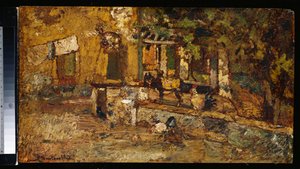 Cortile della fattoria con un asino e galli da Adolphe Joseph Thomas Monticelli