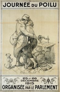 Prima Guerra Mondiale: manifesto in omaggio ai soldati che rappresenta la riunione di una coppia per il Giorno del Peloso il 25 e 26 dicembre da Adolphe Leon Willette