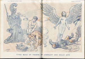 Illustrazione di Adolphe dit Willette (1857-1926) in Fantasio, 01/05/15 - Vivere bello e morire rilasciando una bella anima - Guerra del 14-18, Morti cadaveri, Barbarie/Kultur, Marmellata di Teschi - Soldati da Adolphe Leon Willette