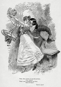 Due amanti: "Venite a scambiarvi le nostre anime/in un bacio! " Illustrazione di Wilette per il poema di Victor Hugo "L