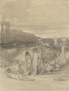Paesaggio classico con figure nude sdraiate, in piedi e sedute e una rovina di tempio da Adolphe René Lefèvre