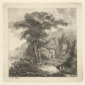 Paesaggio montuoso con alberi, castello e due figure da Adriaan Jacob Willem van Dielen