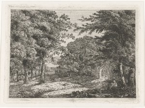 Paesaggio con cappella tra alberi e monaco che legge da Adriaan Jacob Willem van Dielen