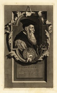 Ritratto di Stephen Gardiner, Vescovo di Winchester e politico. Con stemma. Incisione su rame di Pieter Stevens van Gunst dopo Adriaen van der Werff dal libro di Isaac de Larrey 