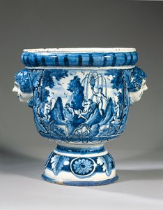 Urna da giardino mitologica a due manici blu e bianca di Delft da Adriaen (fl.1868 d.1701) (attr.to) Kocks