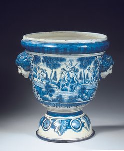 Grande urna mitologica da giardino in stile barocco di Delft blu e bianca, c.1700 da Adriaen (fl.1868 d.1701) (attr.to) Kocks