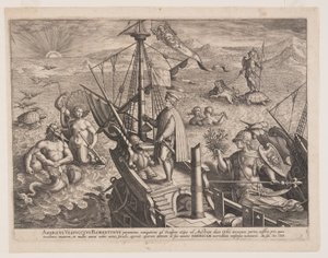Amerigo Vespucci sulla sua nave, da Americae Retectio (La scoperta dell