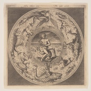 Arione su un delfino circondato da un bordo decorato con creature marine, da una serie di disegni per piatti (Fonds de Coupe) da Adriaen Collaert