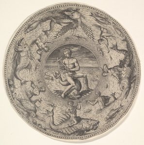 Arione su un delfino circondato da un bordo decorato con creature marine, da un set di..., 1580-1600 da Adriaen Collaert