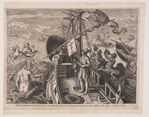 Cristoforo Colombo sulla sua nave, da Americae Retectio (La scoperta dell