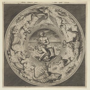 Progetto per un piatto con Arione che cavalca un delfino in un medaglione bordato da mostri marini, c. 1600 da Adriaen Collaert