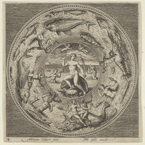 Progetto per un piatto con Galatea su una conchiglia fiancheggiata da trombettieri in una cornice medaglione, c. 1600 da Adriaen Collaert