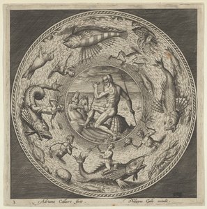 Progetto per un piatto con Nettuno in una conchiglia trainata da cavalli in un medaglione bordato da ..., c1600 da Adriaen Collaert