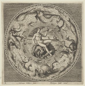 Design per un piatto con Teti su una conchiglia in un medaglione bordato da mostri marini da Adriaen Collaert