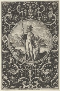 Minerva in una cornice decorativa con grottesche, dal Giudizio di Paride (c1580-1600) da Adriaen Collaert