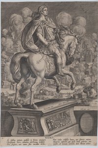 Tavola 6: statua equestre di Nerone, vista da dietro, il grande incendio di Roma..., ca. 1587-89