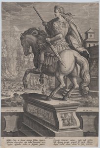 Statua equestre di Otone, vista da dietro, scena della sua morte sullo sfondo