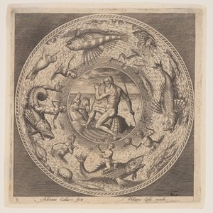 Poseidone, da una serie di disegni per piatti (Fonds de Coupe) da Adriaen Collaert