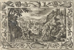 Rebecca ed Eliezer al pozzo (Paesaggi con scene bibliche, mitologiche e di caccia) da Adriaen Collaert