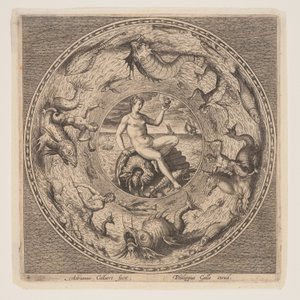 Teti su una conchiglia, da una serie di disegni per tavole (Fonds de Coupe) da Adriaen Collaert