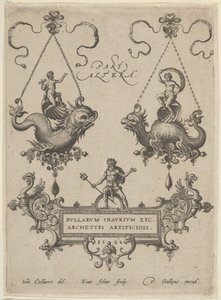 Tavola del titolo con due disegni di pendenti sopra e Nettuno in piedi su un cartiglio sotto, 1582 da Adriaen Collaert
