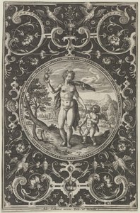 Venere e Cupido in una cornice decorativa con grottesche, dal Giudizio di Paride..., c. 1580-1600 da Adriaen Collaert